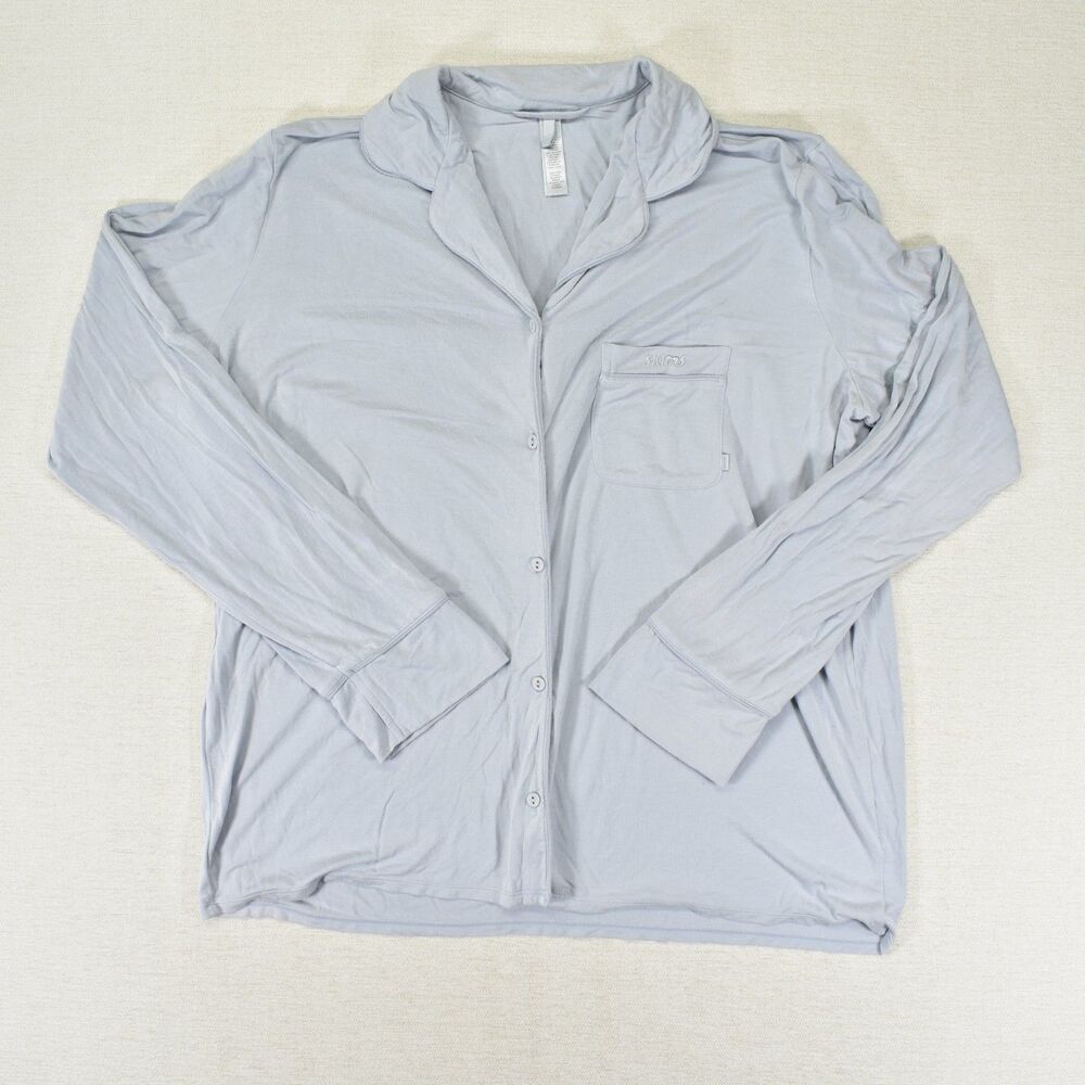SKIMS Womens L Light Blue Gray Soft Lounge Ribbed Long Sleeve Sleep Shirt Pajama